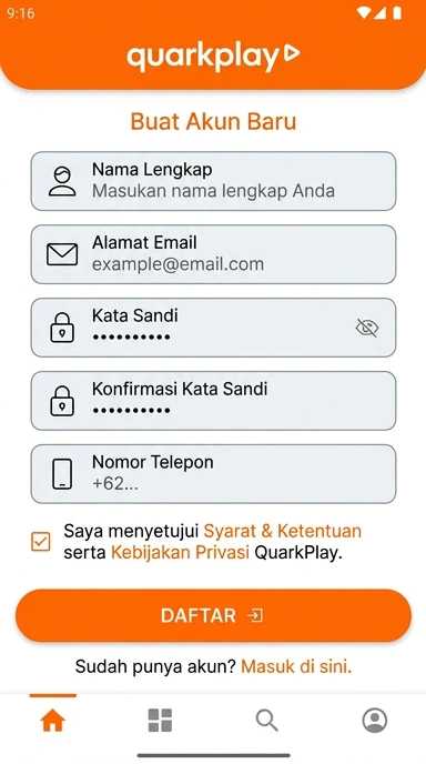 Tampilan halaman daftar quarkplay